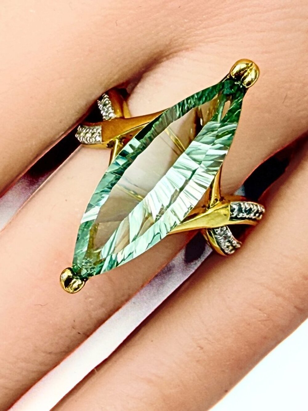 Stunning Marked BBJ Sterling Silver Geometric Prasiolite Cocktail Ring Sz 9.5